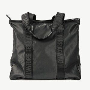 Salvatore Ferragamo Black Nylon Logo-Tape Leather-Trimmed Tote